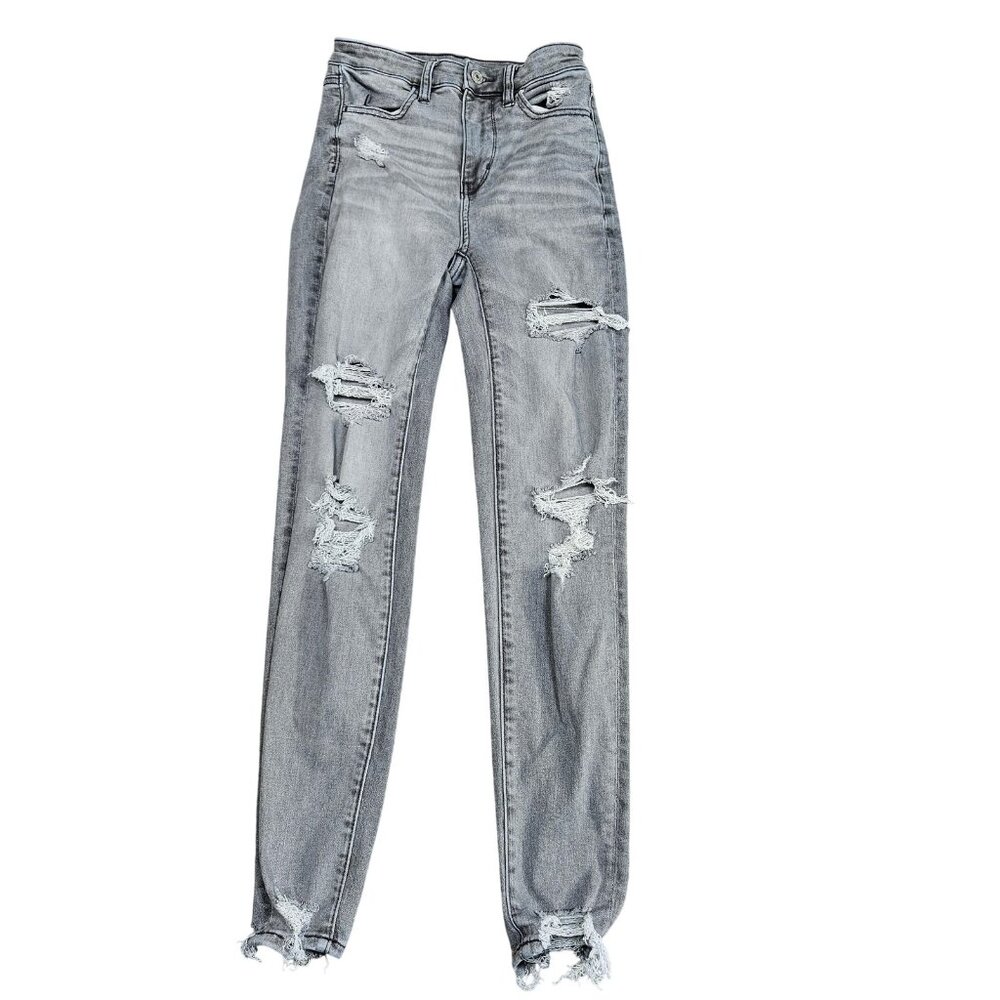 American Eagle Jeans Womens 00 Short Gray Super Hi Rise Jegging Distressed